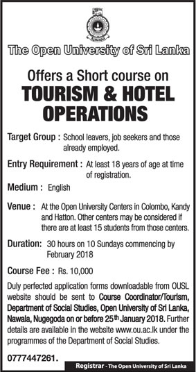 Offers a Short Course on Tourism & Hotel Operations - The Open University of Sri Lanka